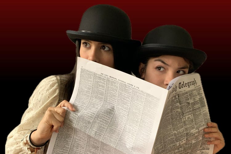 Two 1870s detectives spying from behind a newspaper.