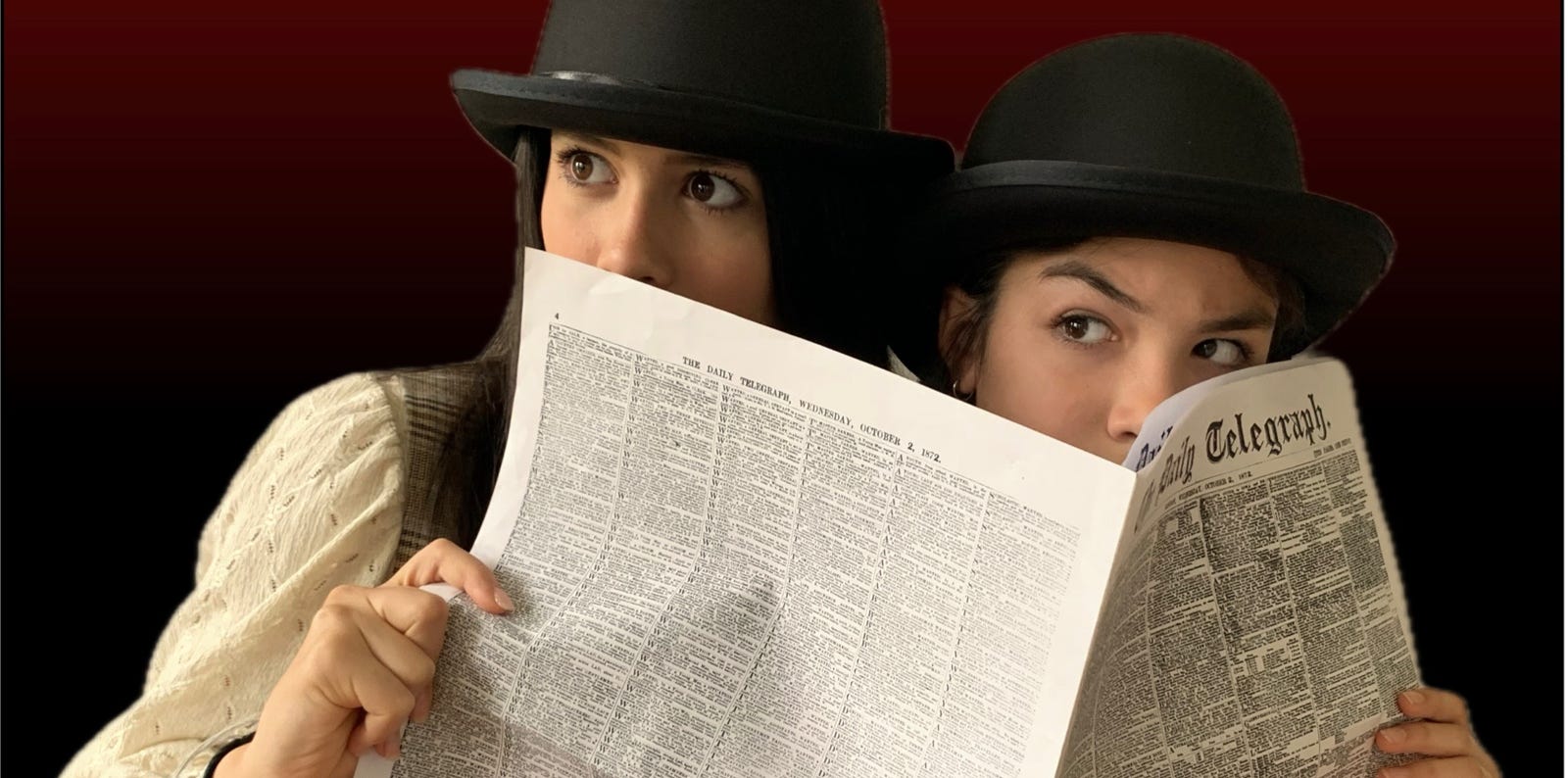 Two 1870s detectives spying from behind a newspaper.